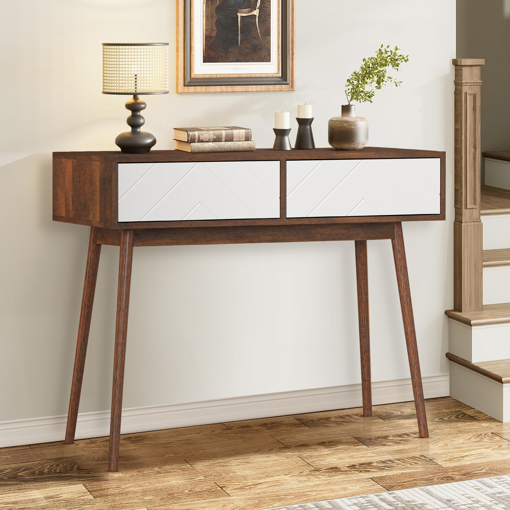 George Oliver 29.5"H Walnut Entryway Console Table With 2 Drawers And 4 ...